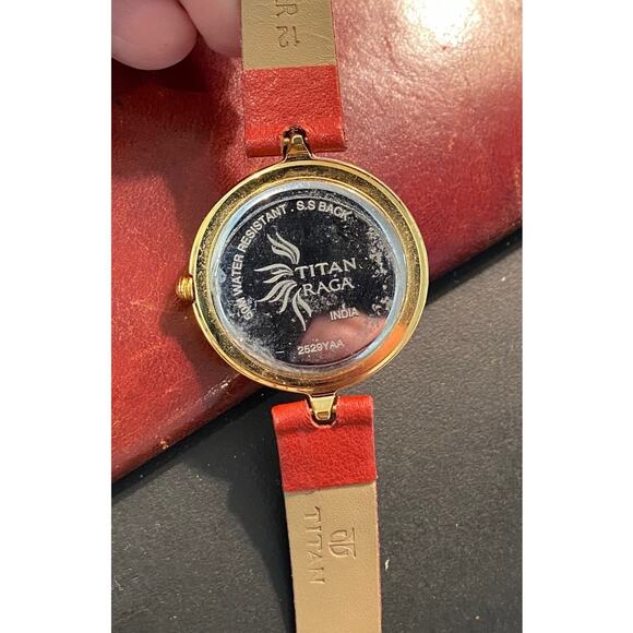 Women's 30mm Gold Tone Titan Raga Watch, Red Leather Band, 2529YAA - Picture 4 of 4
